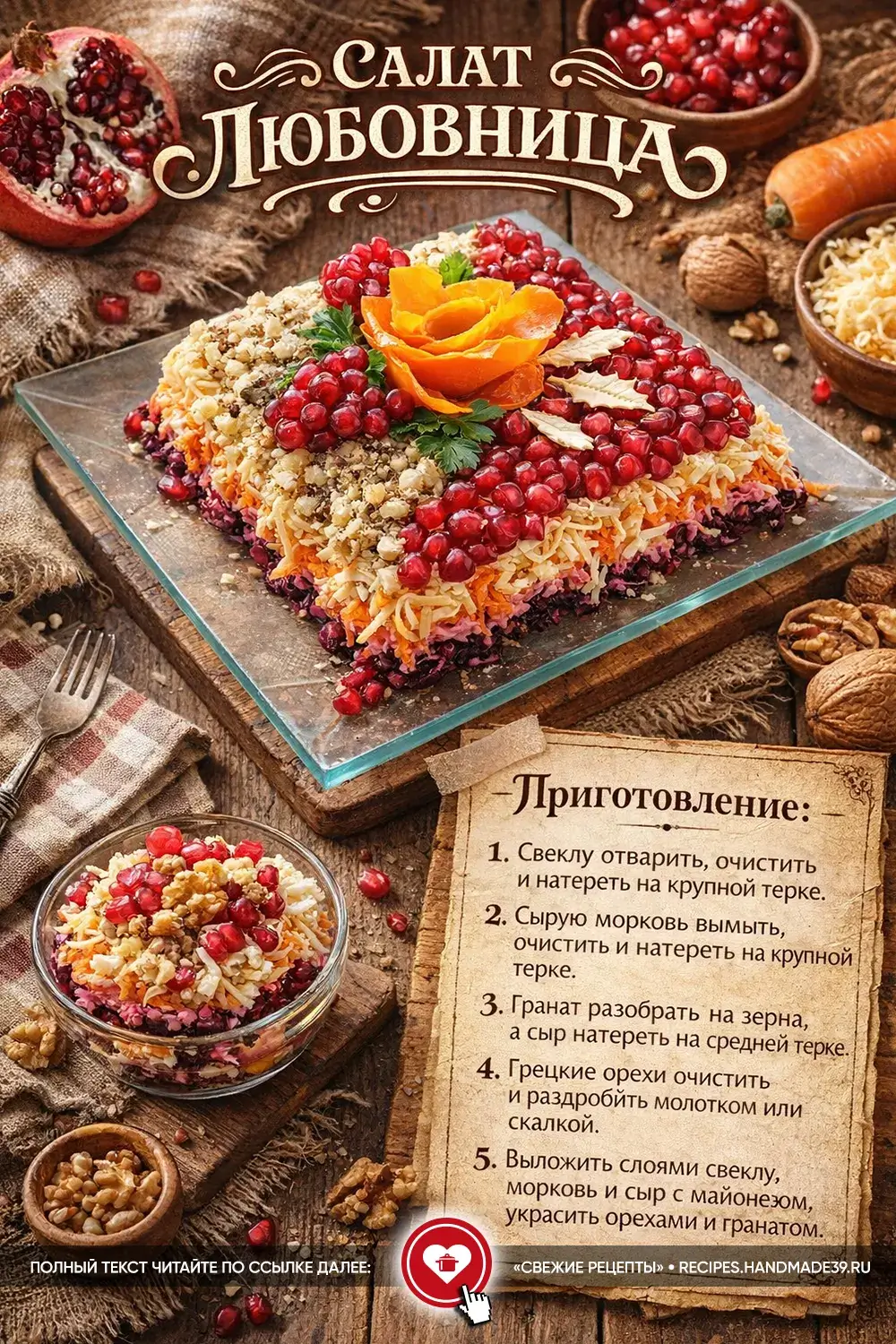 Слоёный салат, украшенный зёрнами граната, тёртым сыром, грецкими орехами и розой из моркови в центре