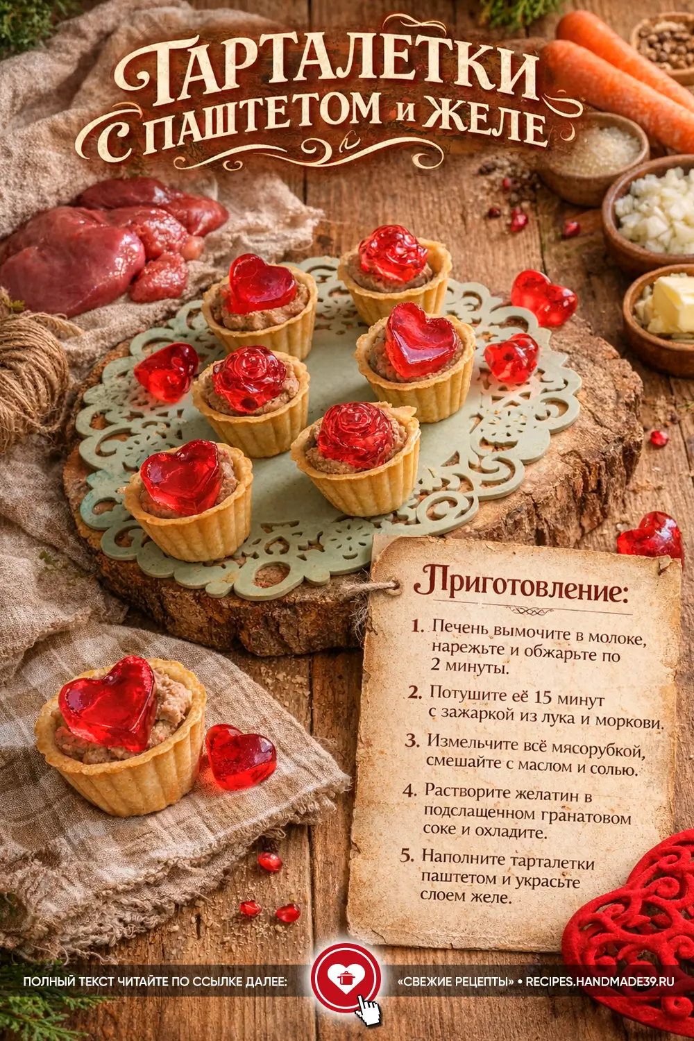 Песочные тарталетки с мясным паштетом и красным прозрачным желе в форме сердец на деревянном фоне