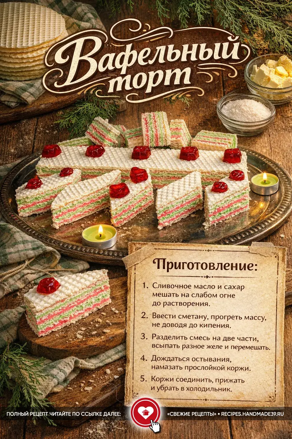 Нарезанный кусочками вафельный торт с разноцветными слоями желейного крема на серебристом подносе со свечами