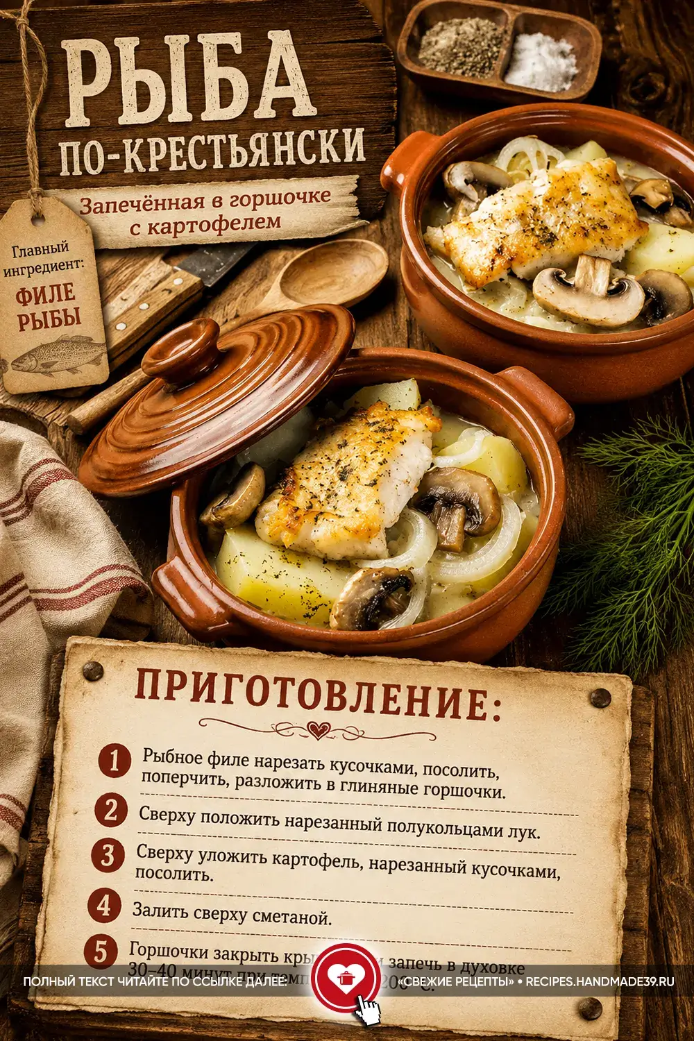 Запечённая рыба по-крестьянски в глиняном горшочке с картофелем, грибами, репчатым луком и свежей зеленью