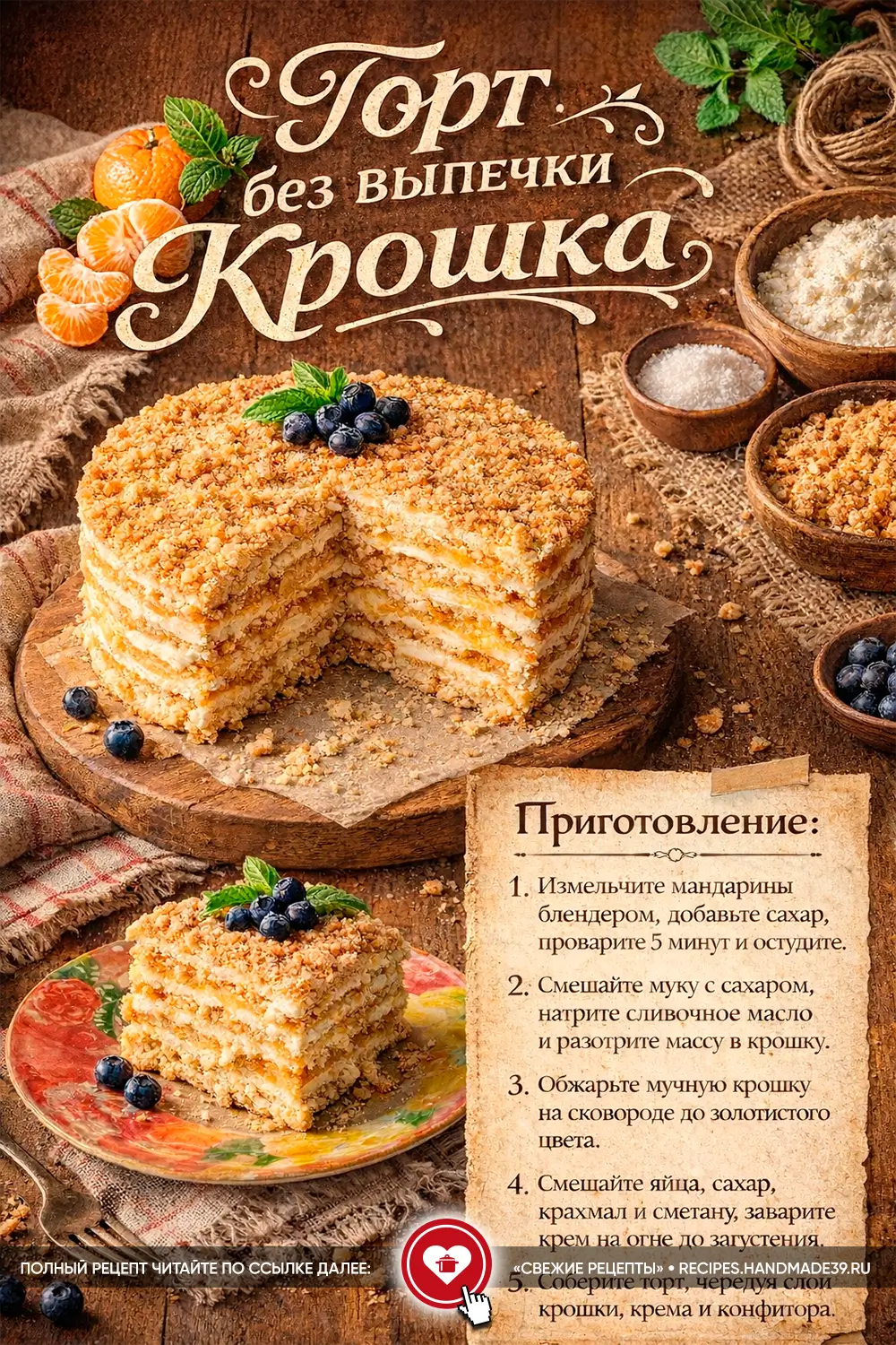 Многослойный торт из золотистой крошки с белым кремом, мандариновой прослойкой и ягодами голубики на деревянном фоне