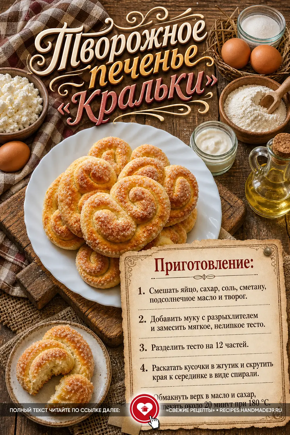 Золотистое творожное печенье «Кральки» в форме спиралей, посыпанное крупным сахаром, на белой тарелке