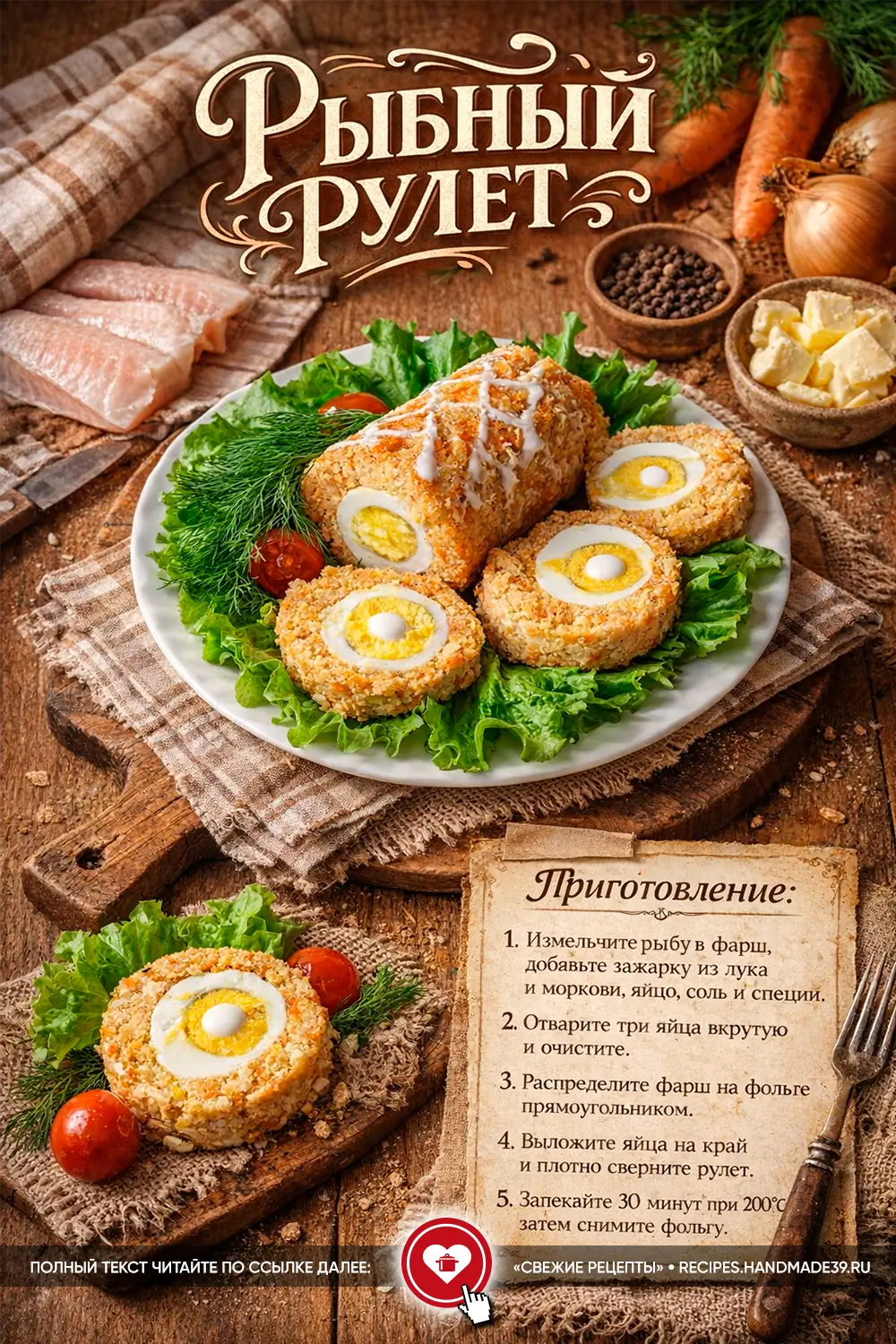 Запечённый золотистый рыбный рулет с начинкой из целого яйца, нарезанный порционными кусочками на листьях салата