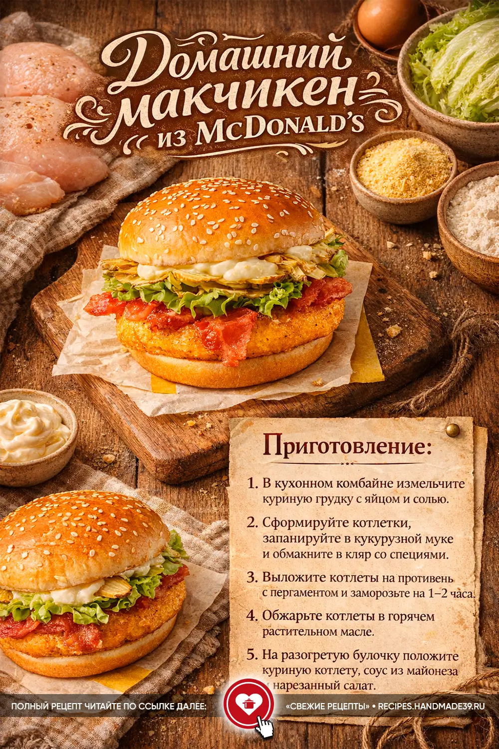 Аппетитный домашний бургер Макчикен с золотистой куриной котлетой, свежим салатом и соусом на кунжутной булочке