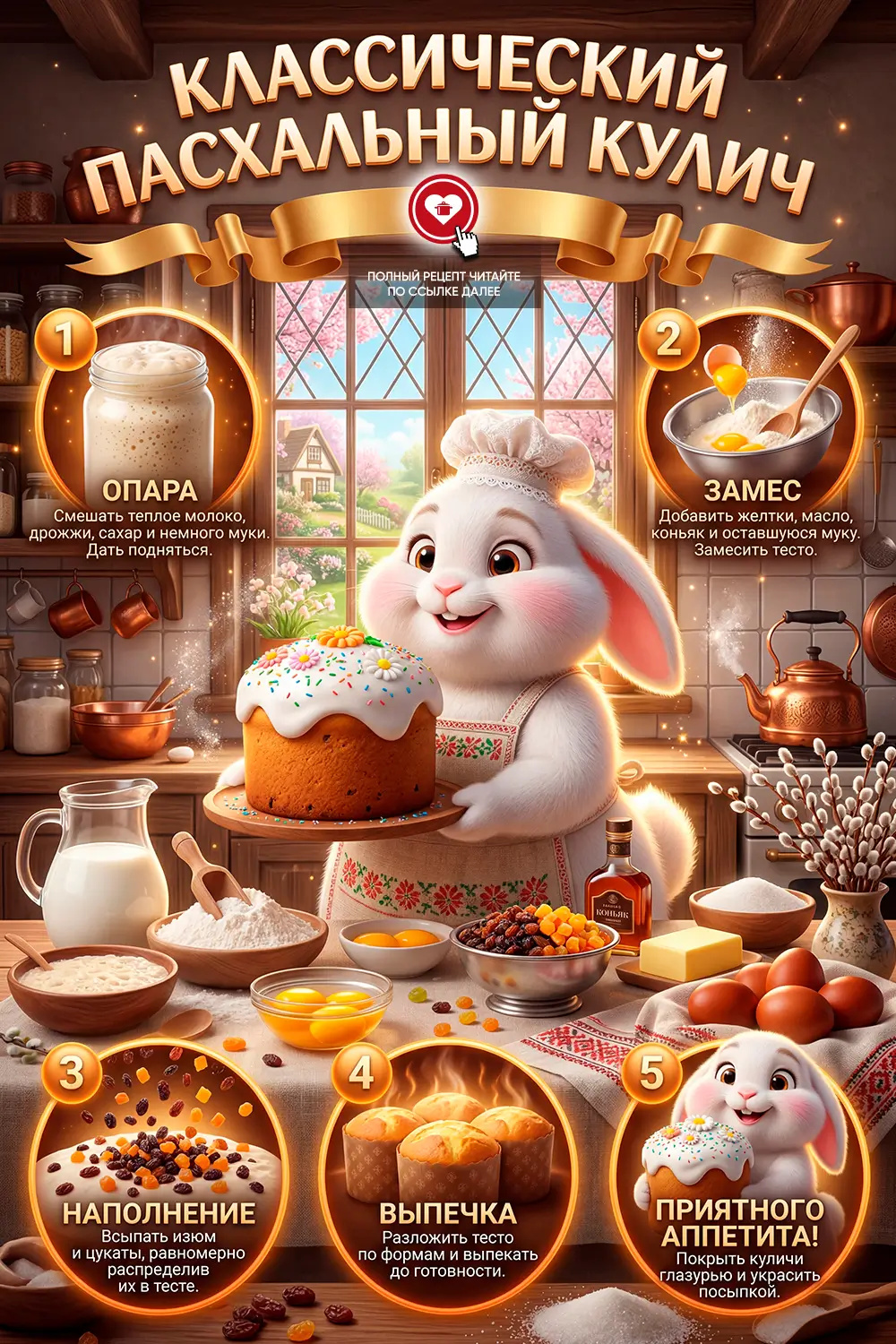 Золотистый пасхальный кулич с белой глазурью, украшенный кондитерской посыпкой и цветами на весеннем фоне