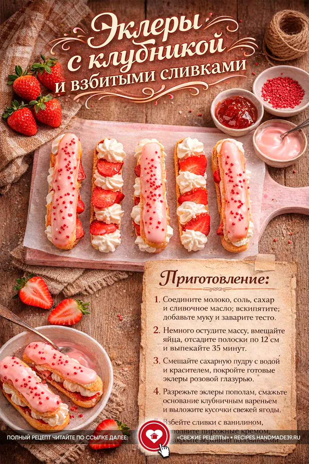 Заварные пирожные эклеры с начинкой из взбитых сливок и кусочков свежей клубники, покрытые розовой сахарной глазурью