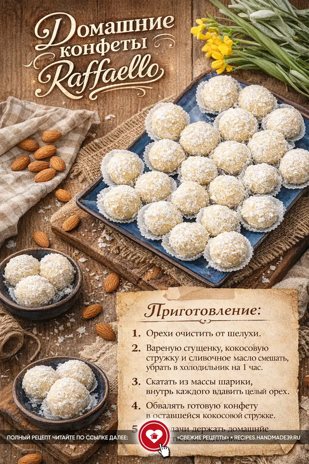 Белоснежные кокосовые конфеты Рафаэлло с цельным орехом внутри на синем блюде и рассыпанный миндаль