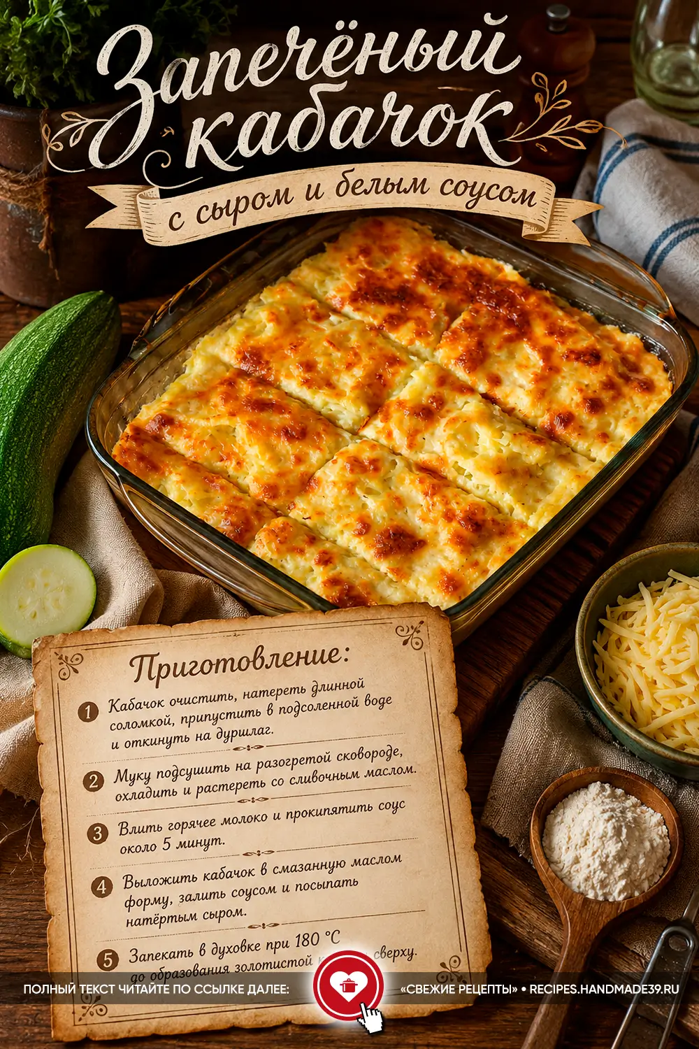 Запечённый в стеклянной форме кабачок под золотистой корочкой из расплавленного сыра и белого соуса