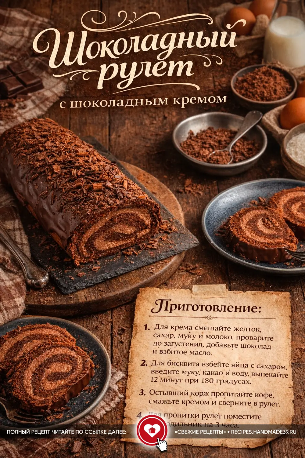 Праздничный шоколадный рулет, украшенный шоколадной стружкой, на деревянном столе с чашкой какао к 8 Марта