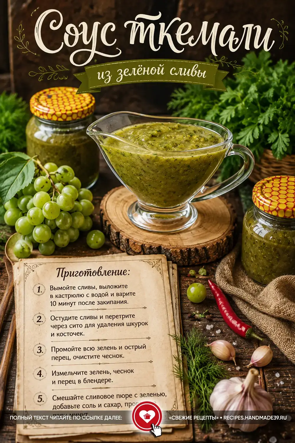 Стеклянный соусник с зелёным соусом ткемали на деревянной подставке в окружении баночек, свежей зелени и чеснока