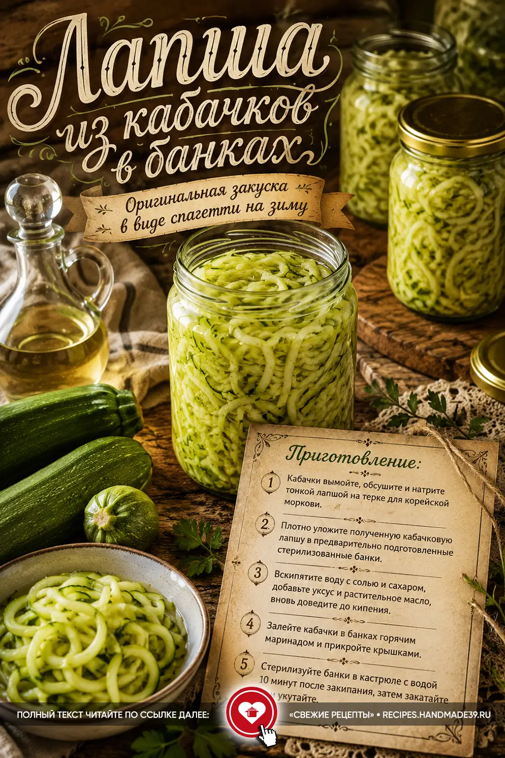 Маринованная лапша из кабачков в банках на деревянном столе
