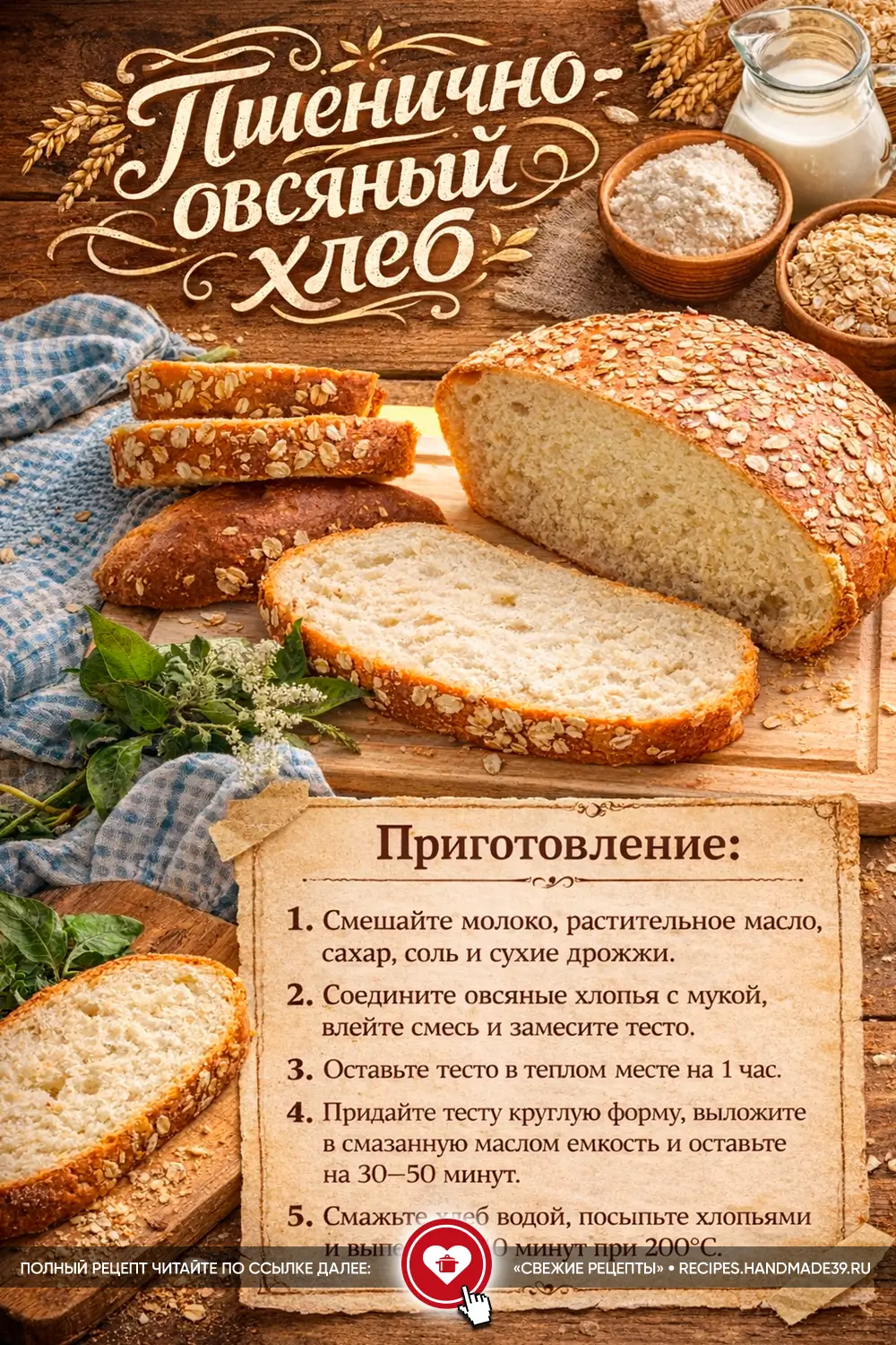 Буханка домашнего пшенично-овсяного хлеба в нарезке, посыпанная хлопьями, на деревянной доске