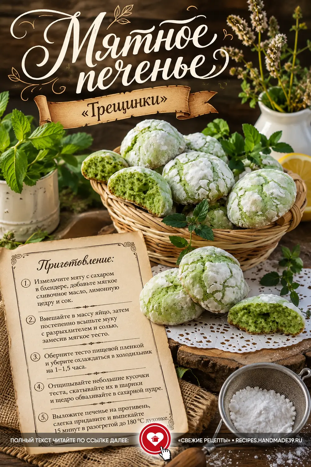 Зелёное мятное печенье «Трещинки» в сахарной пудре внутри плетёной корзинки на фоне свежих листьев мяты