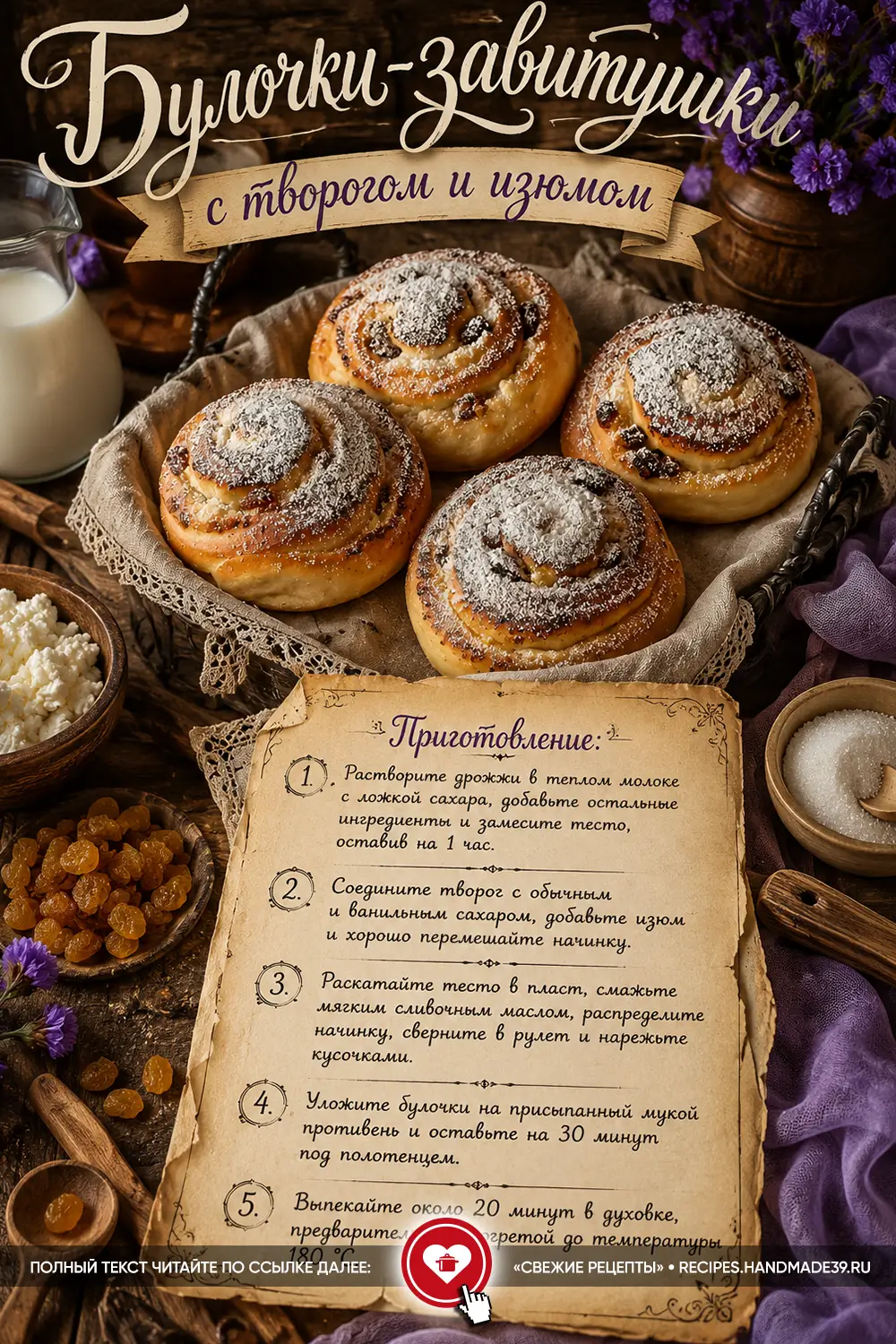 Румяные булочки-завитушки с творогом и изюмом, посыпанные сахарной пудрой