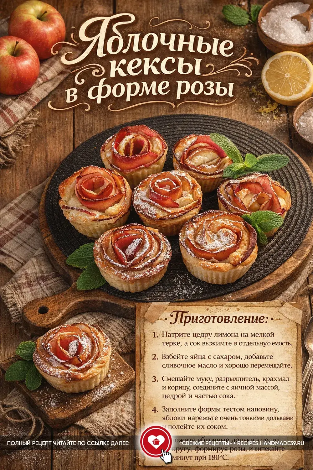 Румяные кексы с яблочными дольками в форме розовых бутонов, посыпанные сахарной пудрой и украшенные мятой