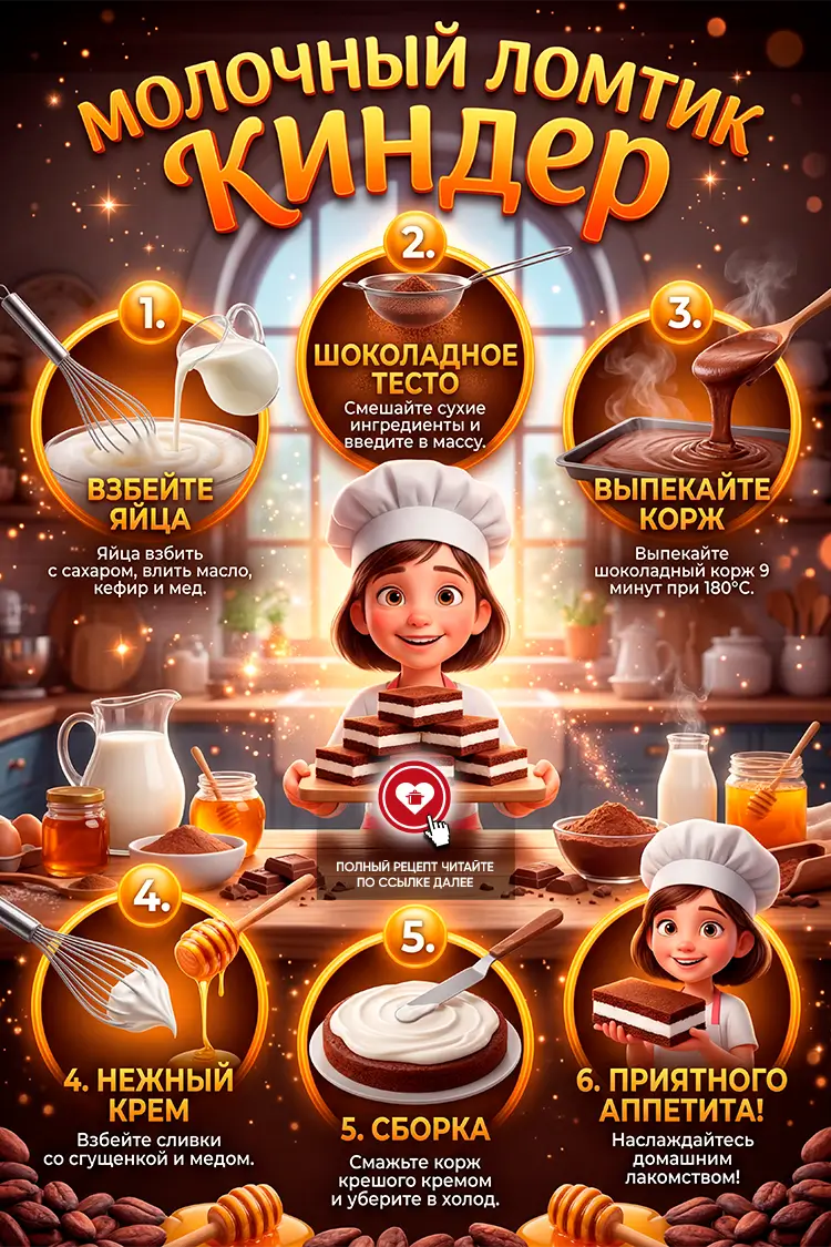 Домашнее пирожное «Молочный ломтик Киндер» с белым сливочным кремом и шоколадными коржами на кухонном столе