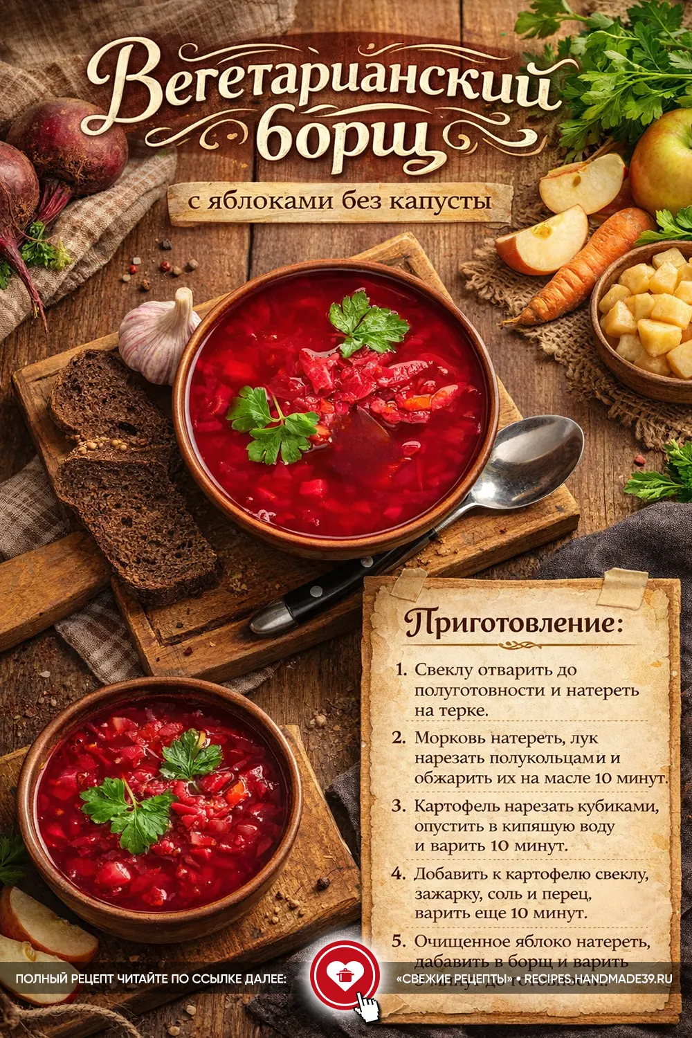 Две порции красного борща с яблоками в глиняных мисках на деревянном столе с ломтиками ржаного хлеба и зеленью