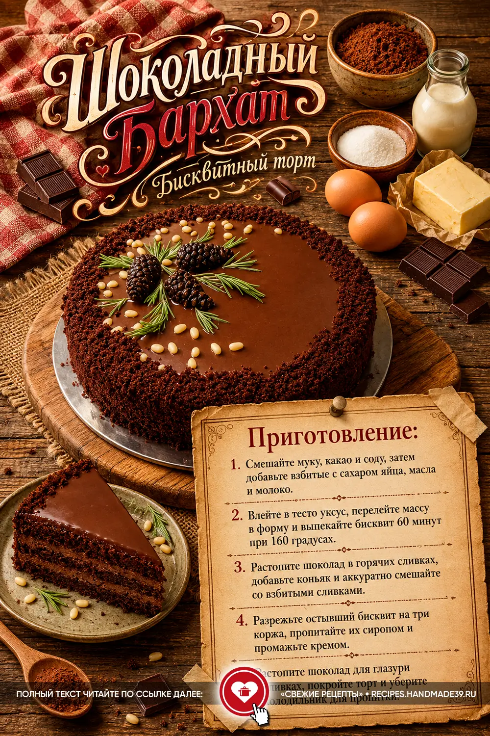 Шоколадный бисквитный торт с глазурью, украшенный кедровыми орехами и цукатами из сосновых шишек, рядом отрезанный кусочек десерта