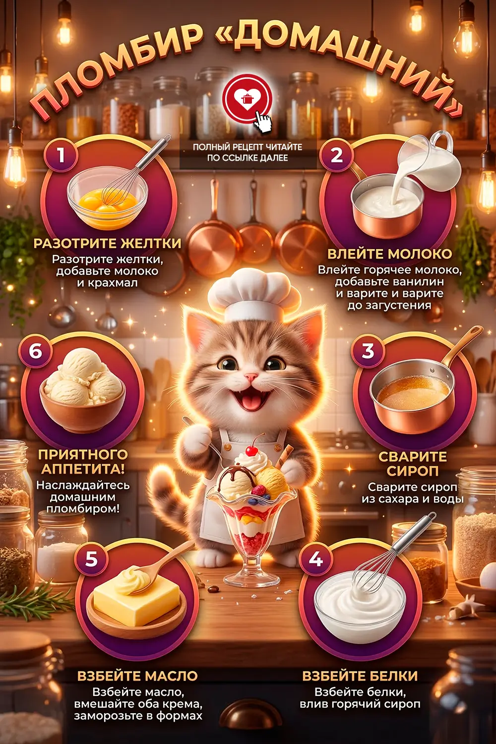 Шарики домашнего ванильного пломбира в вазочке с сиропом и ягодами на фоне кухонного интерьера