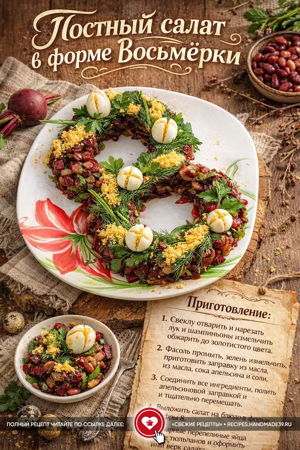 Постный салат с фасолью и грибами, выложенный в форме цифры восемь и украшенный зеленью с перепелиными яйцами