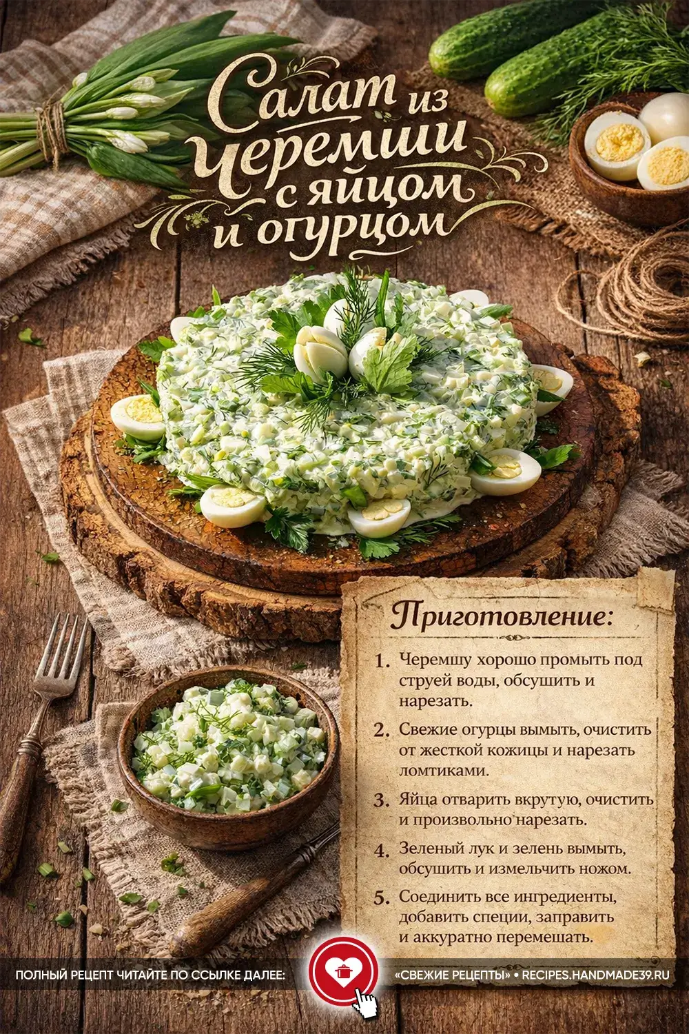 Весенний салат из черемши, яиц и огурцов, украшенный зеленью и половинками куриных яиц на деревянном спиле