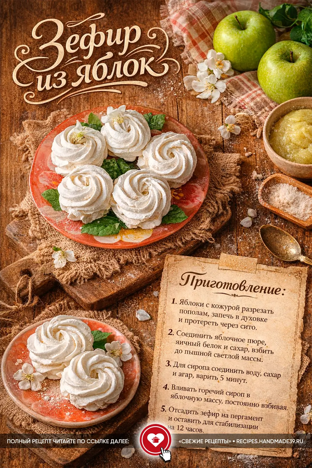 Белоснежный домашний яблочный зефир в форме розочек на тарелке рядом с зелёными яблоками