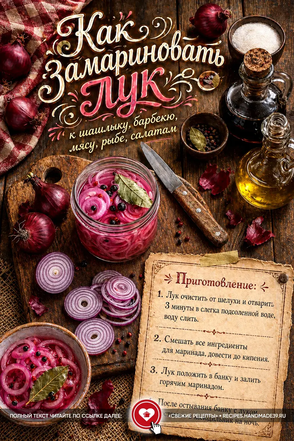 Маринованный красный лук кольцами со специями и лавровым листом в стеклянной банке на деревянном столе
