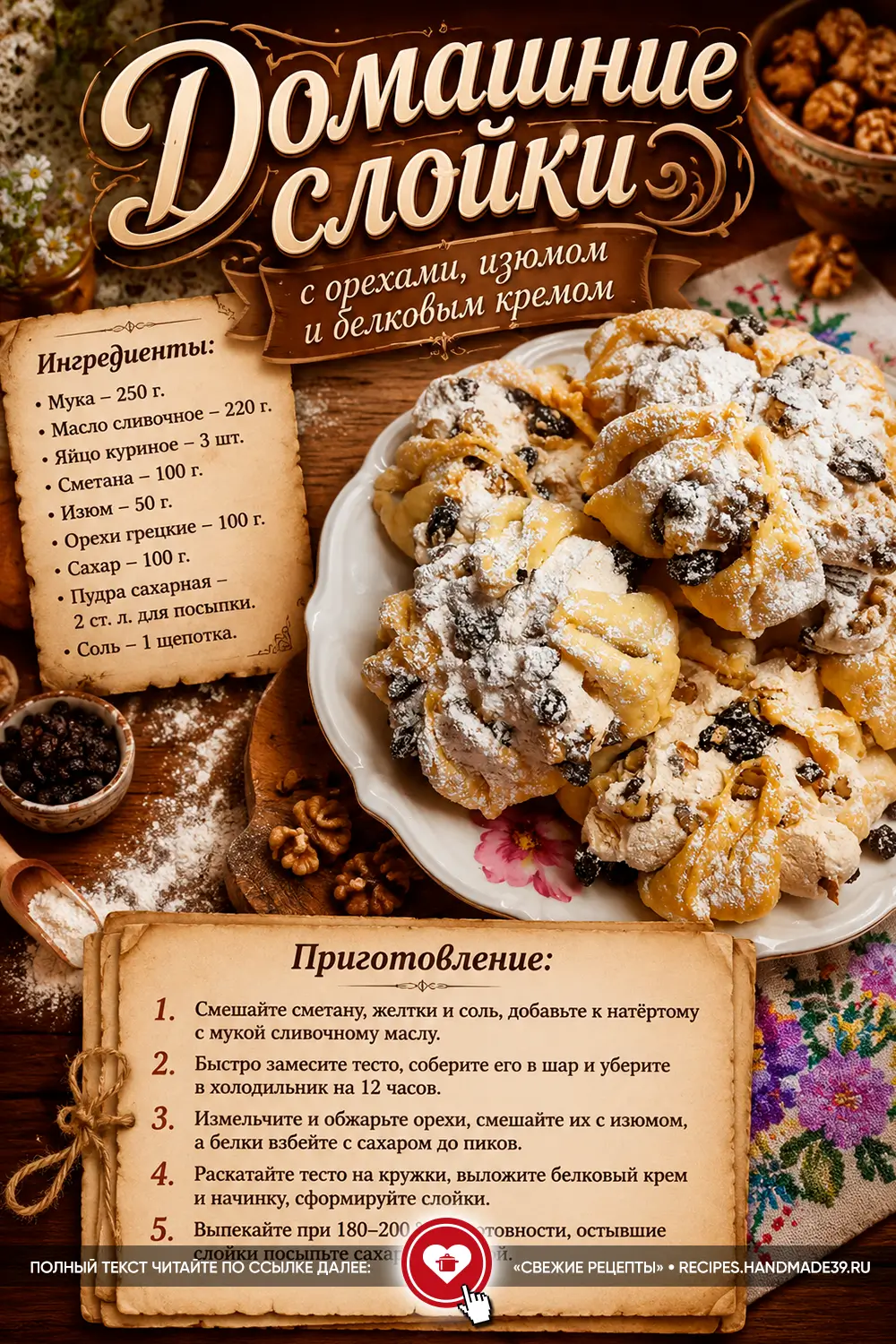 Румяные домашние слойки с изюмом и орехами, посыпанные сахарной пудрой, на белой тарелке