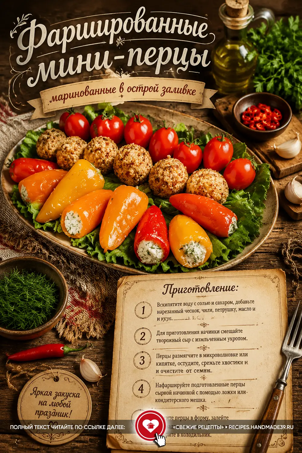 Маринованные мини-перцы фаршированные творожным сыром на блюде