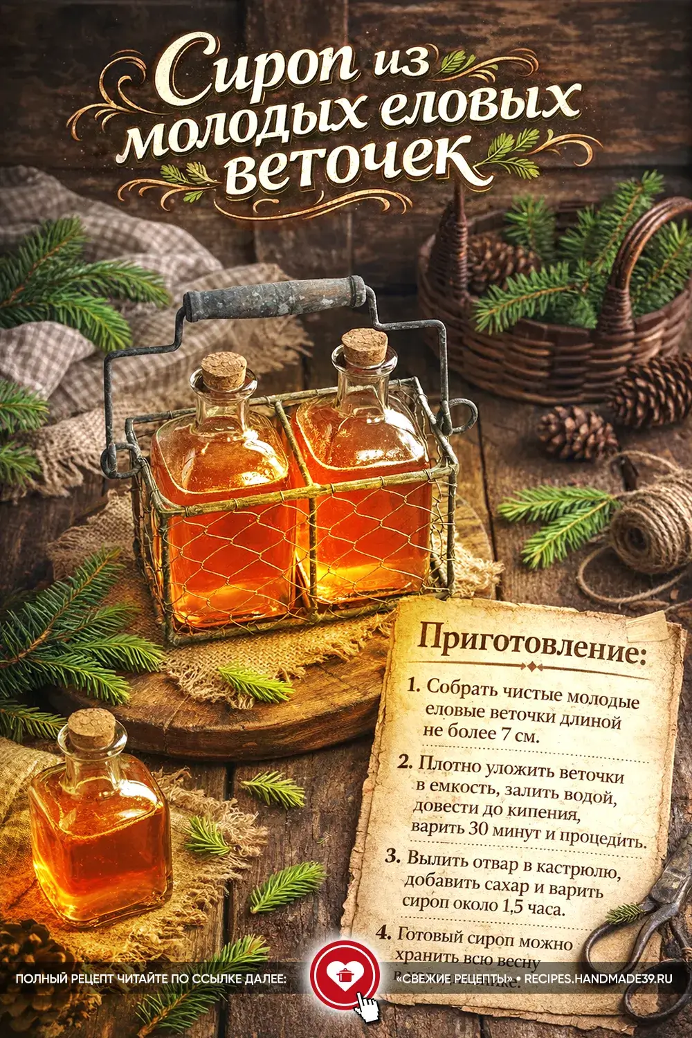 Стеклянные бутылочки с янтарно-розовым сиропом из еловых веточек на деревянном столе с хвоей и шишками