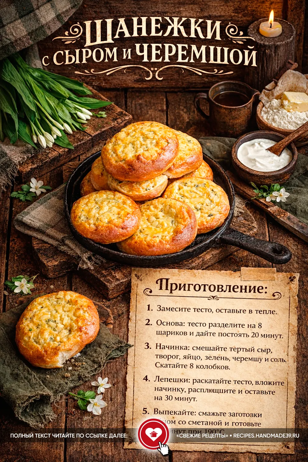 Домашние шанежки с золотистой сырной корочкой, творогом и свежей зеленью черемши на деревянном столе