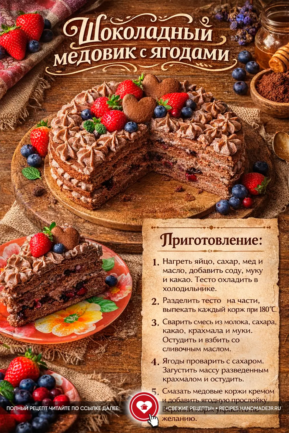 Шоколадный медовик с ягодами, разрез торта с шоколадным кремом, украшенный клубникой и черникой к празднику 8 Марта