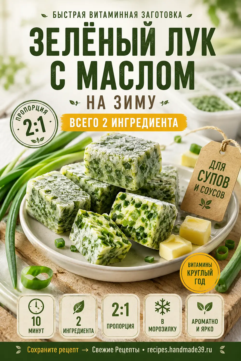 Кубики замороженного зелёного лука со сливочным маслом на тарелке в пропорции два к одному