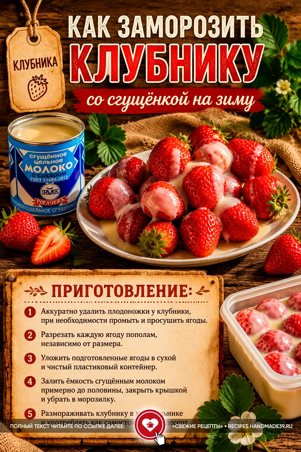Спелая цельная клубника на тарелке, политая густым сгущённым молоком, рядом открытая жестяная банка сгущёнки