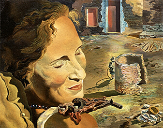 Сальвадор Дали. Портрет Галы с двумя бараньими котлетами, находящимися в равновесии на ее плече. 1934 год