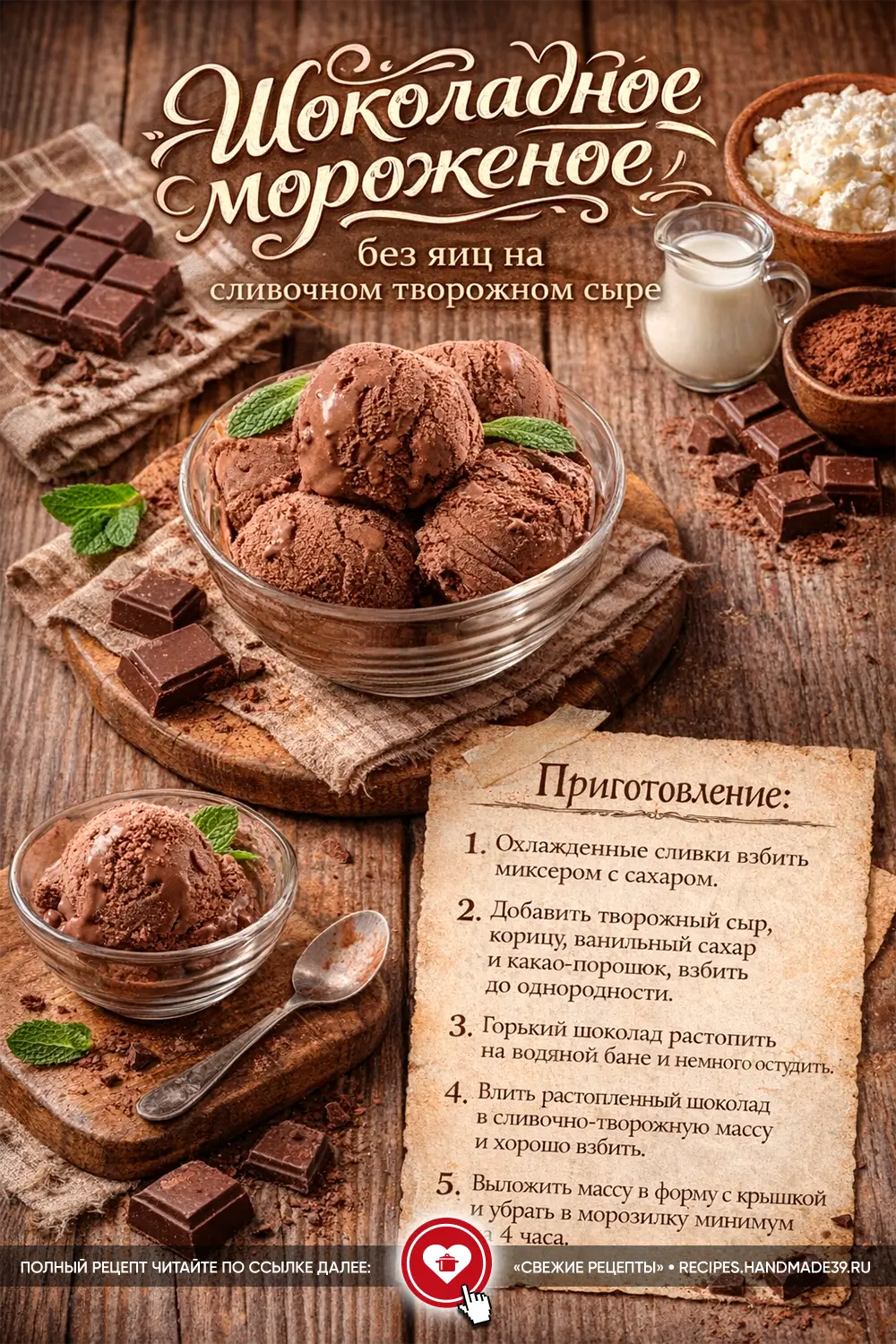 Шарики густого шоколадного мороженого в стеклянной вазочке, украшенные мятой и кусочками тёмного шоколада