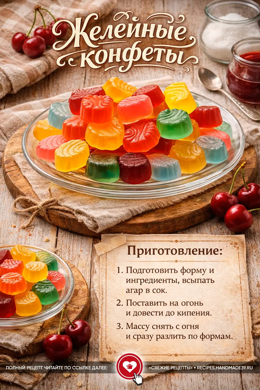 Разноцветные желейные конфеты круглой формы на стеклянном блюде и свежая вишня на деревянном столе