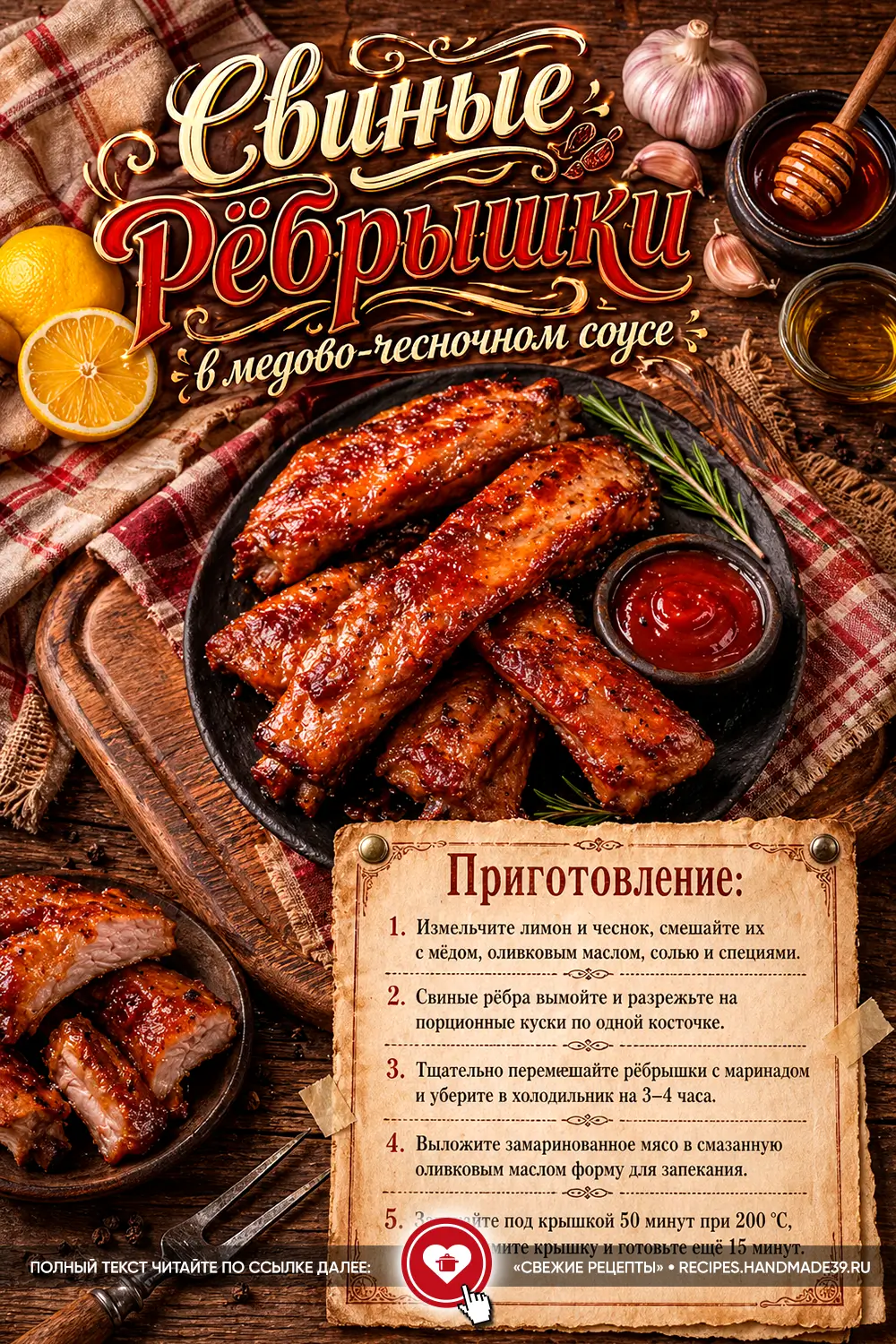 Запечённые свиные рёбрышки с золотистой глазурью в тарелке с соусом, чесноком и лимоном