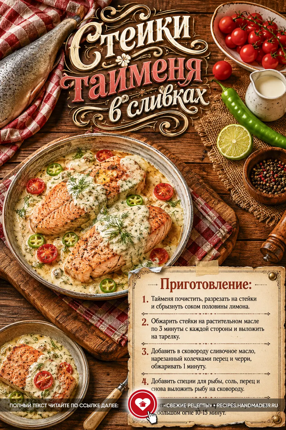 Обжаренные стейки рыбы таймень в белом сливочном соусе с томатами черри и зеленью на тарелке