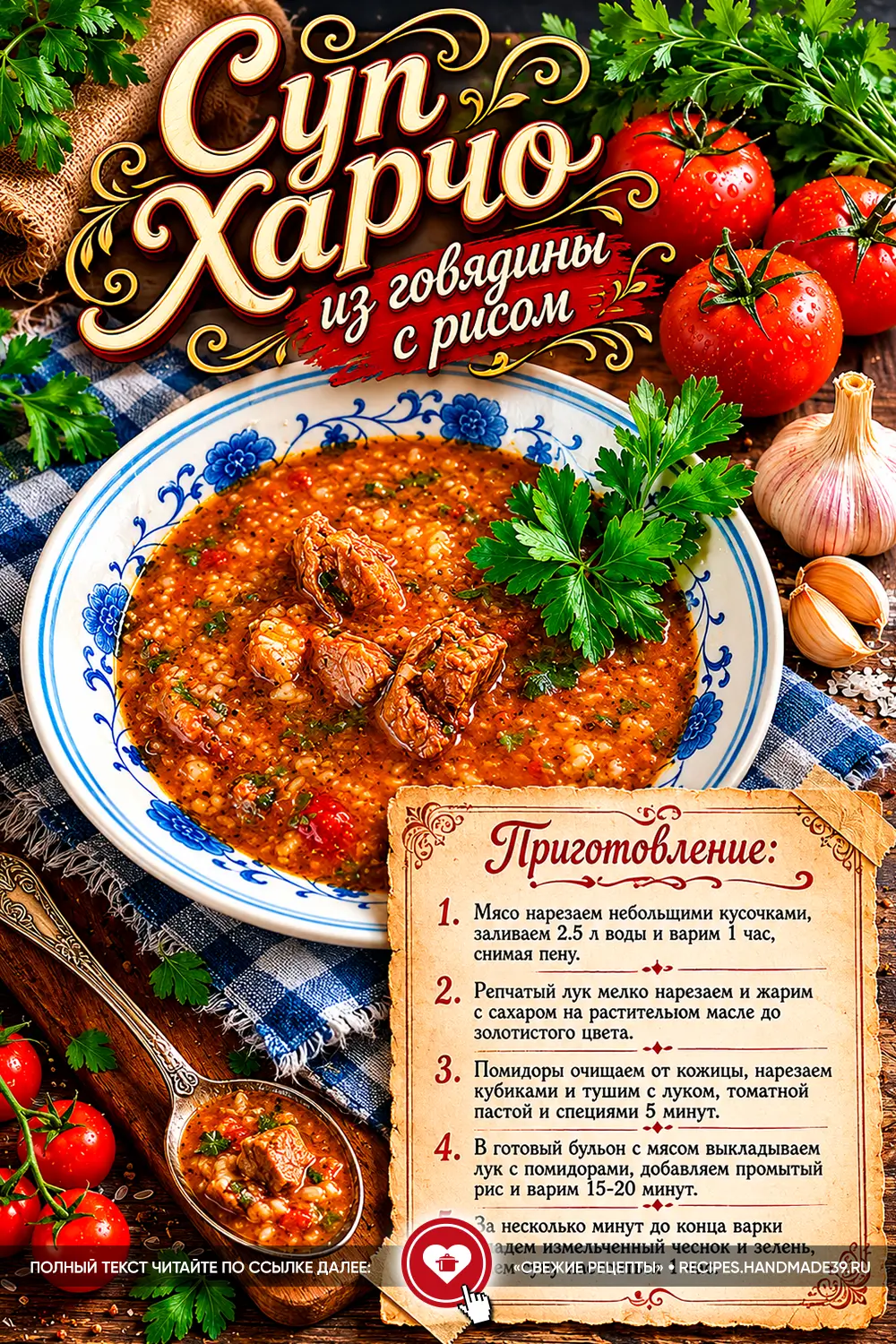 Глубокая тарелка с наваристым красным супом харчо из говядины с рисом, украшенная веточкой свежей петрушки