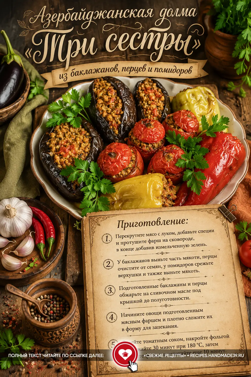 Азербайджанская долма «Три сестры» из фаршированных баклажанов перцев и помидоров