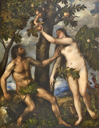 Адам и Ева, прикрывающие свою наготу фиговыми листами на картине Тициана