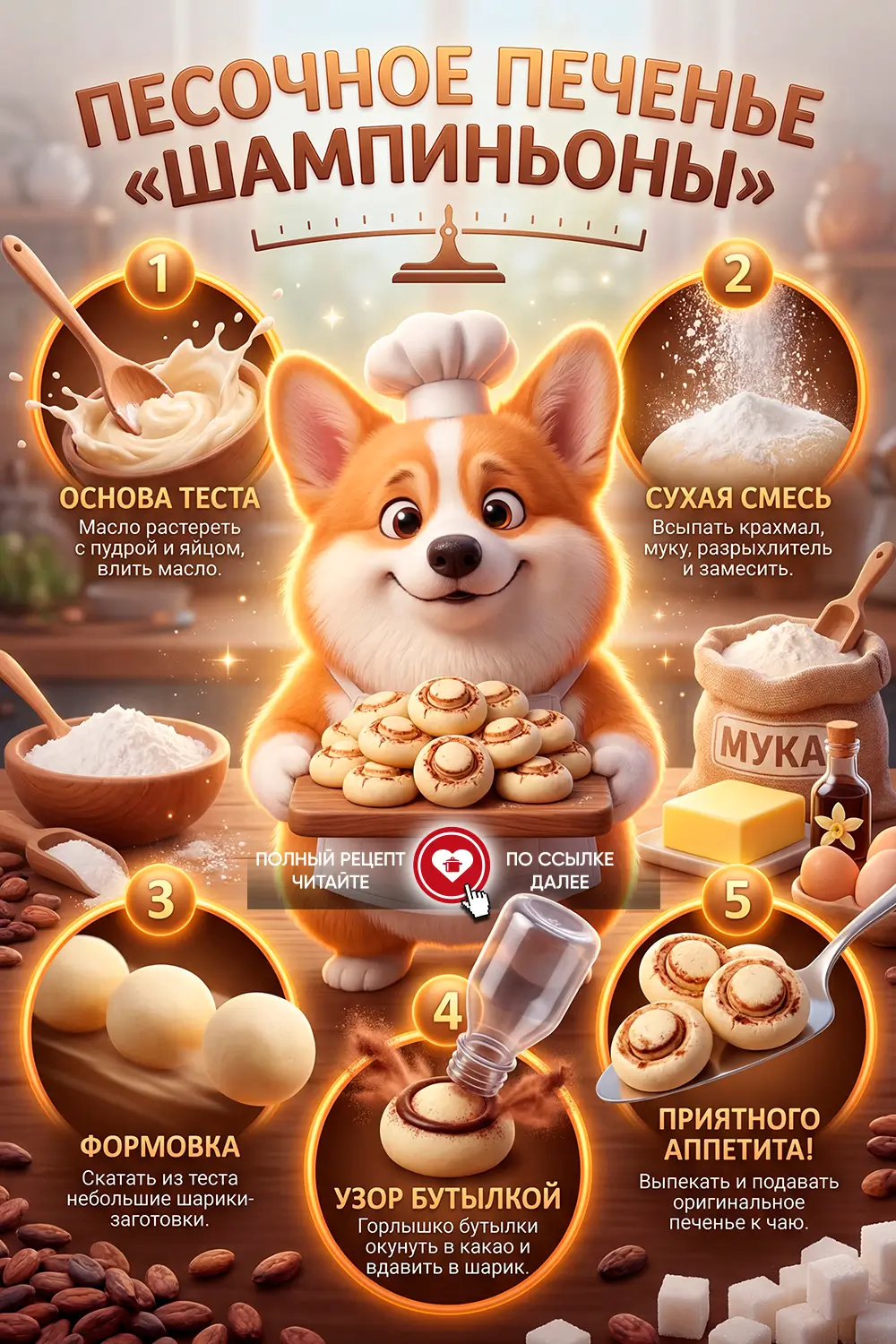 Песочное печенье в форме реалистичных грибов шампиньонов с тёмными шляпками из какао на светлых ножках