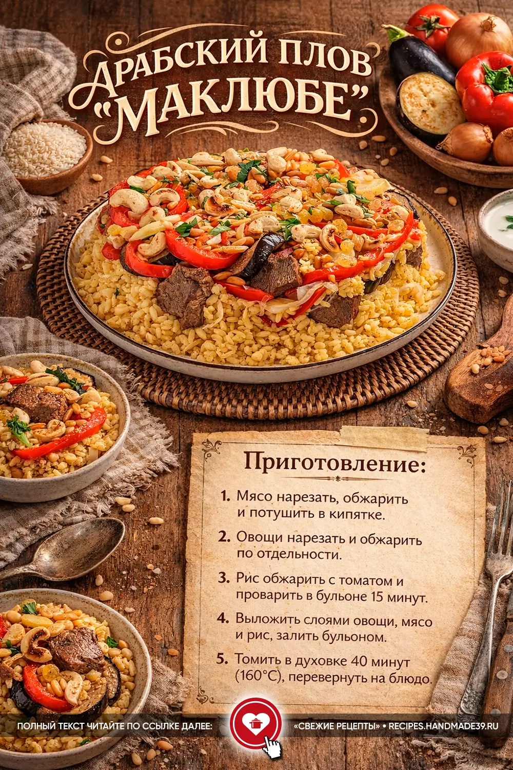 Арабский плов маклюбе с мясом, обжаренными баклажанами, перцем и рассыпчатым рисом на большом блюде