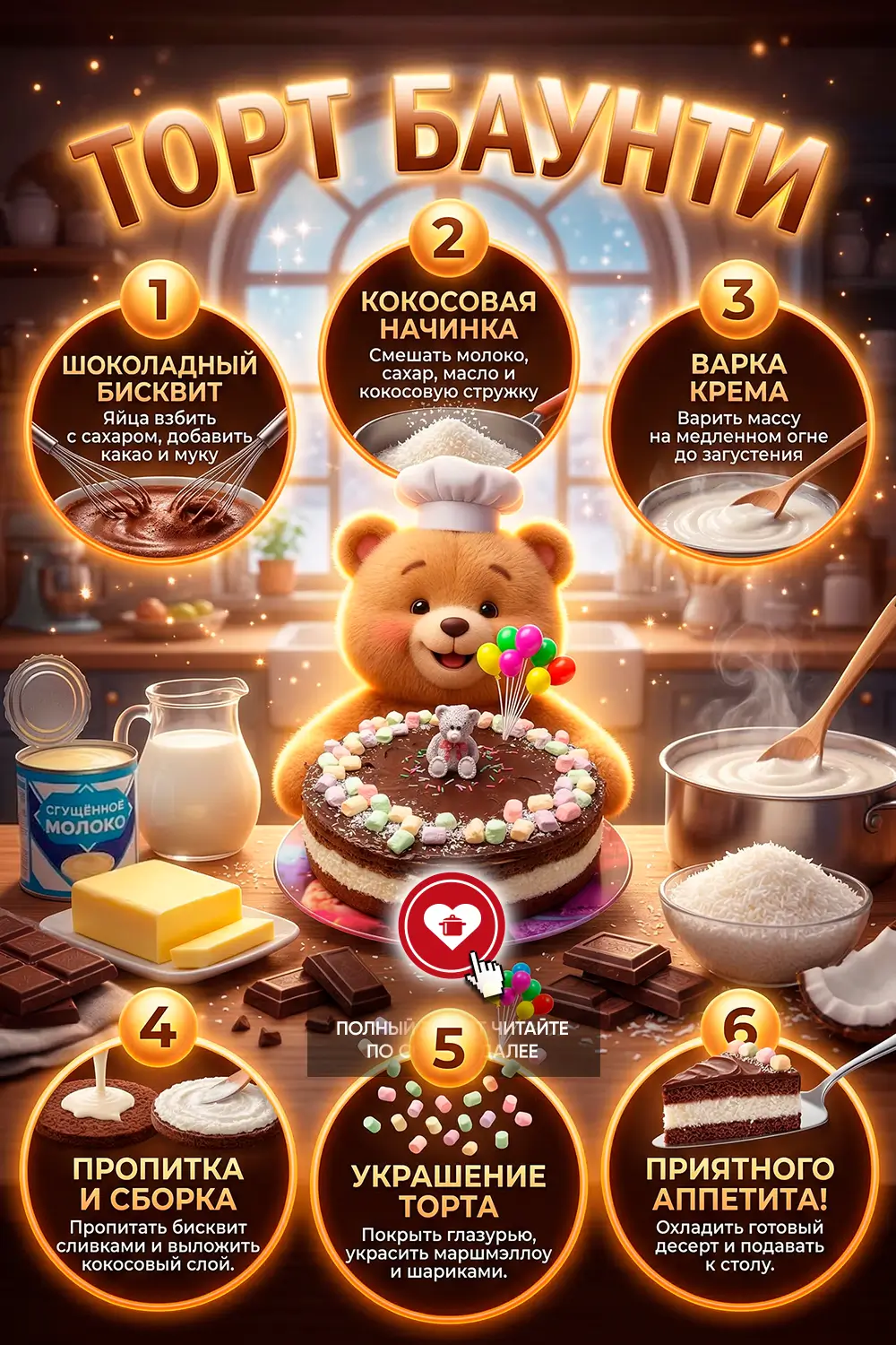 Шоколадный торт «Баунти» с белым кокосовым слоем и глазурью на детском празднике