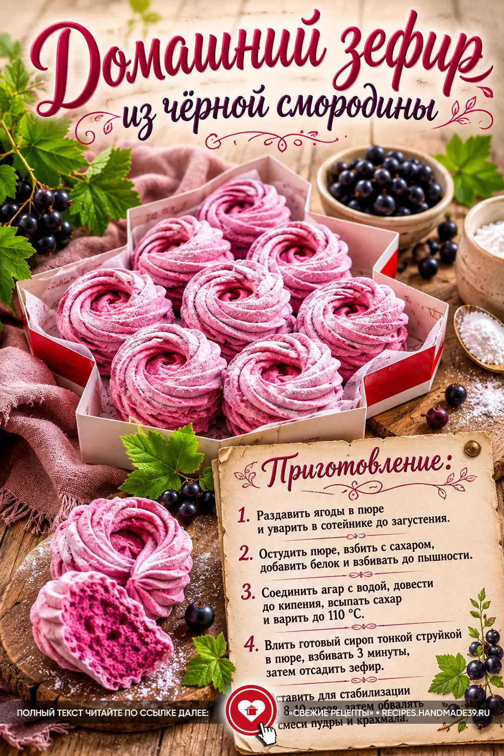Розовый домашний зефир из чёрной смородины в форме завитков лежит в коробке и на деревянной доске
