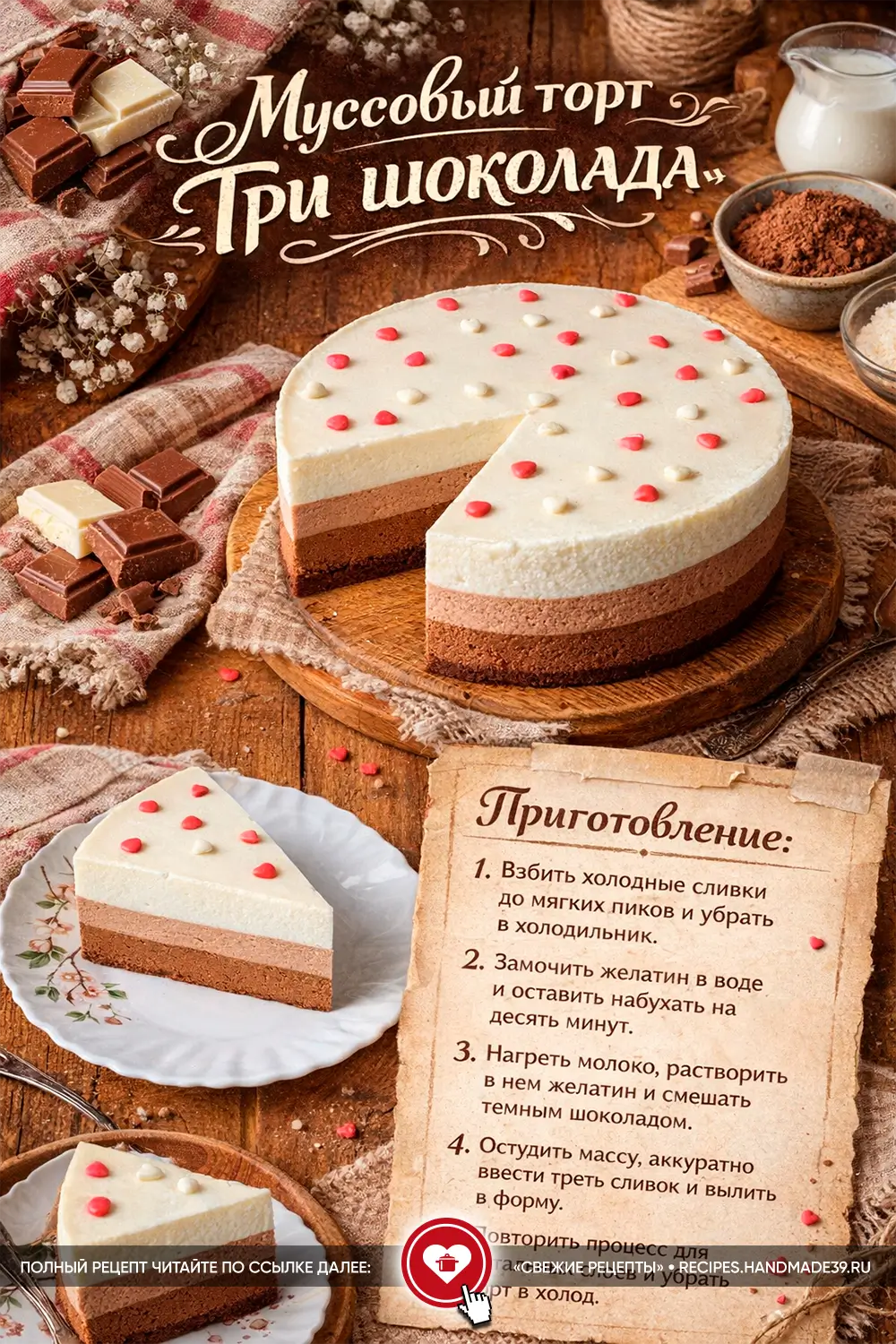 Муссовый торт «Три шоколада» на деревянной доске, украшенный маленькими розовыми и белыми сердечками, рядом лежат кусочки шоколада трёх видов