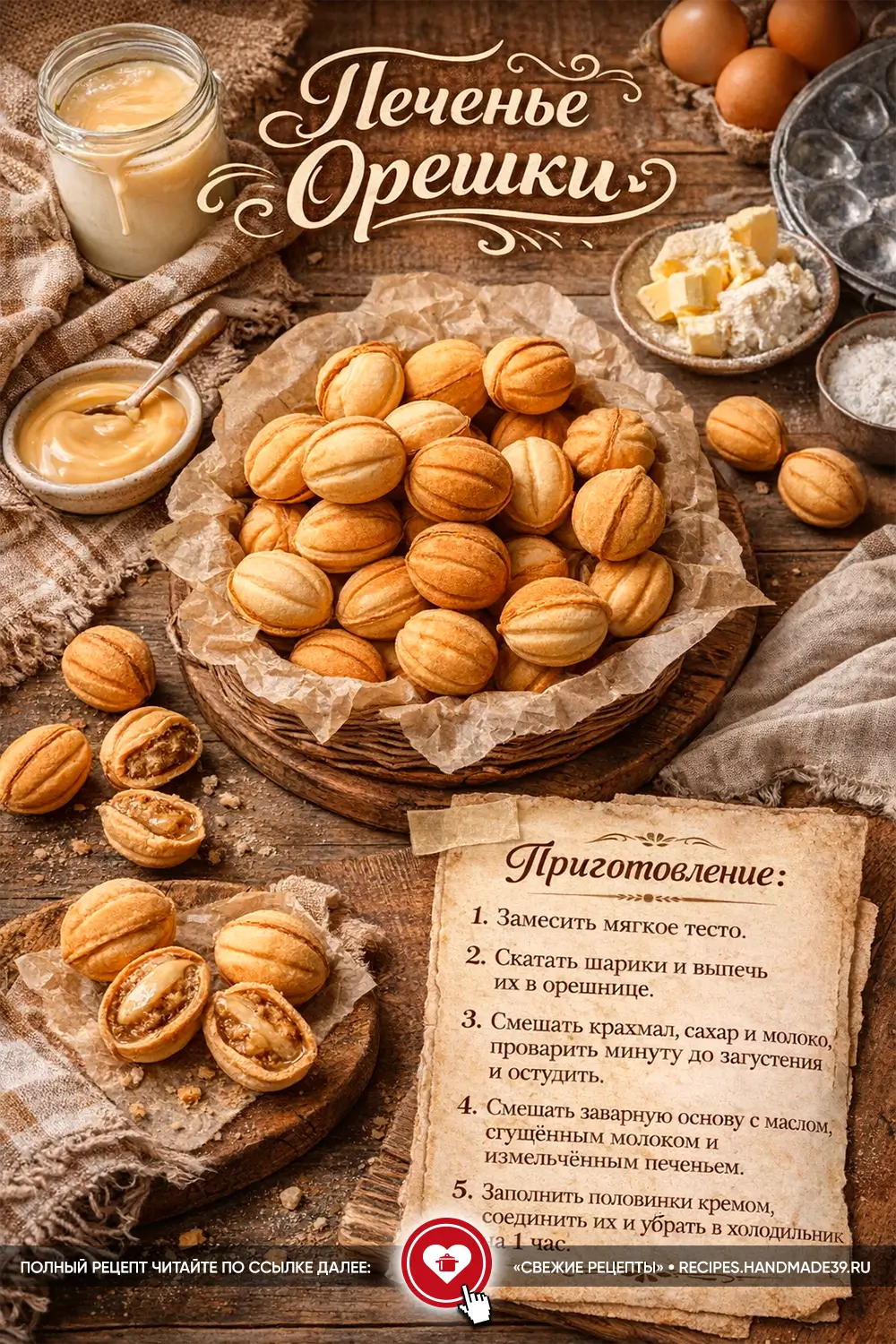 Золотистое печенье «Орешки» в корзинке рядом с заварным кремом и ингредиентами на деревянном столе