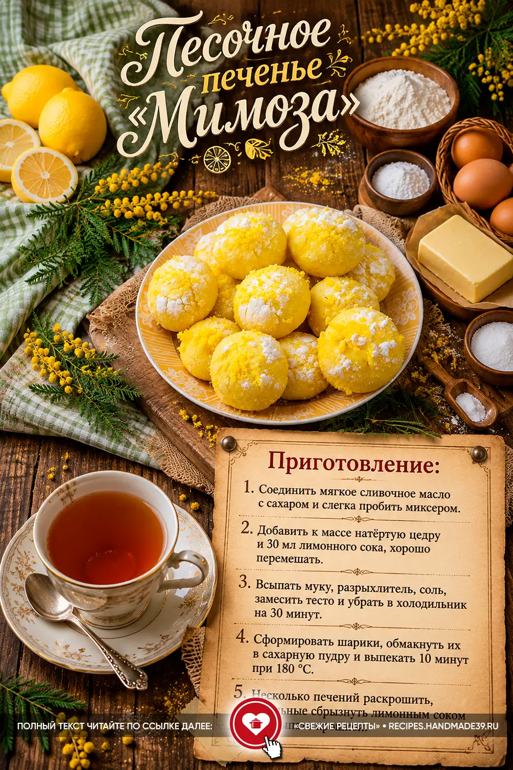 Круглое желтое песочное печенье «Мимоза» в сахарной пудре на тарелке