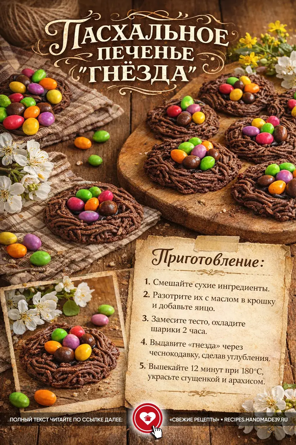 Шоколадное печенье в форме гнёзд с разноцветным арахисом в глазури и кремом на деревянном фоне